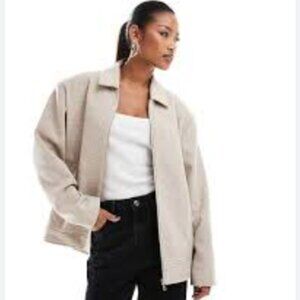Aria Cove Wool Blend Oversize Herringbone Zip Jacket Tan/Cream Size 2 NWT